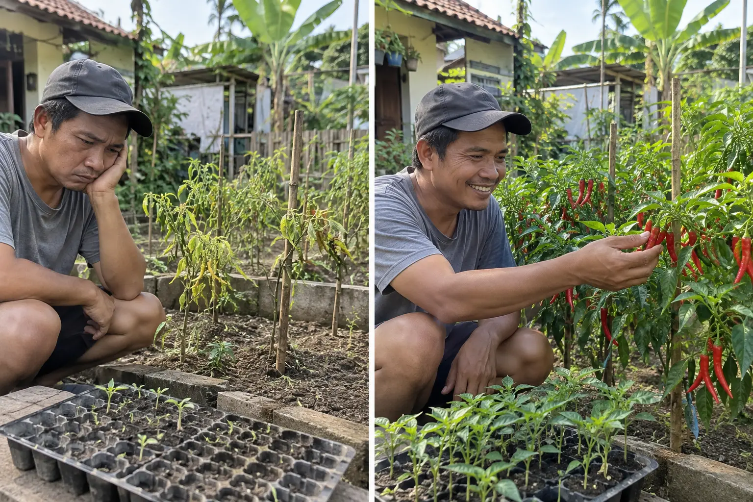Ilustrasi tanaman cabe lemah dan kebun cabe yang tumbuh sehat serta berbuah