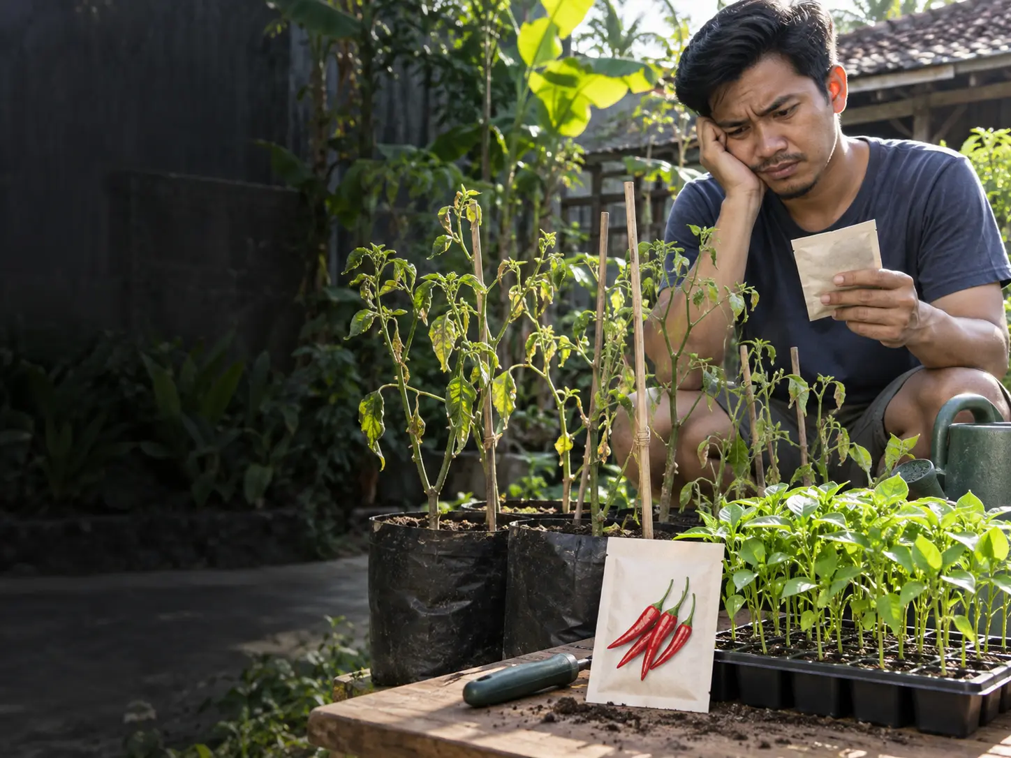 Pekebun rumahan kecewa melihat tanaman cabe lemah dan hasil sedikit