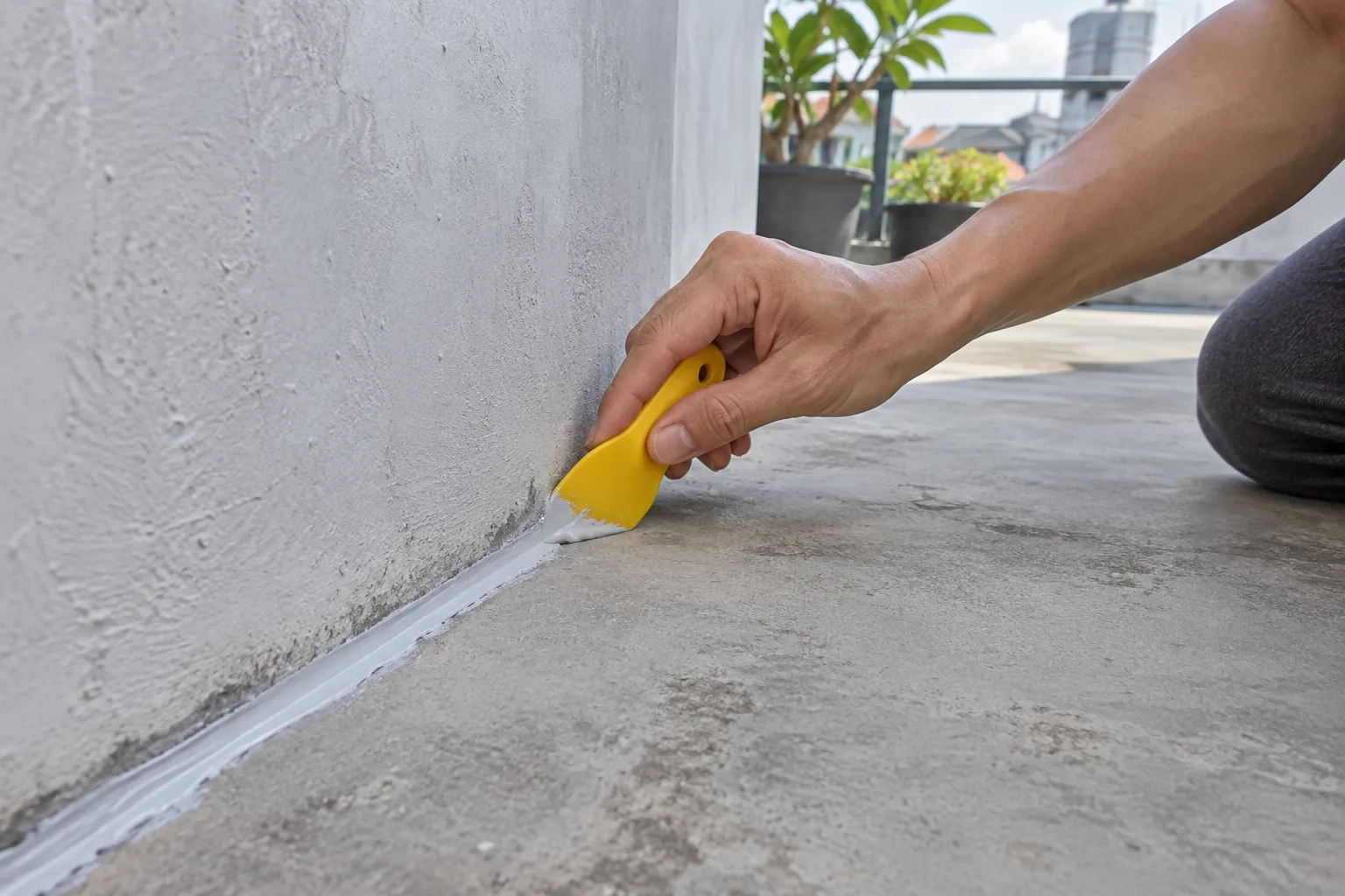 Cara meratakan lem beton dengan spatula pada sudut dinding