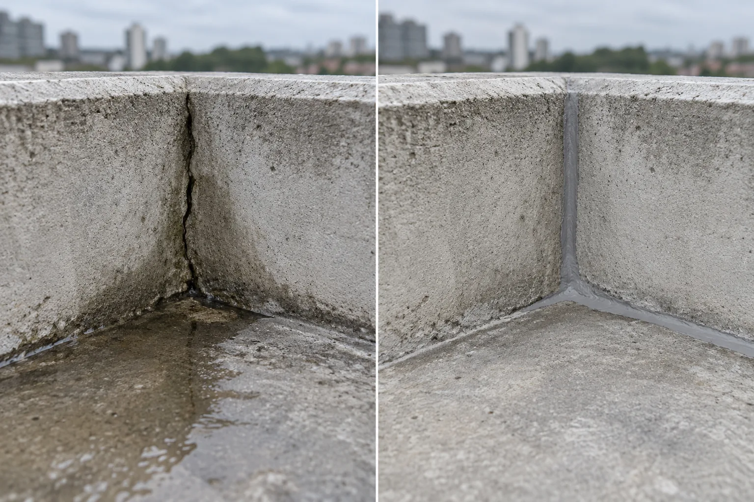 Ilustrasi sebelum dan sesudah celah sudut beton diberi sealant