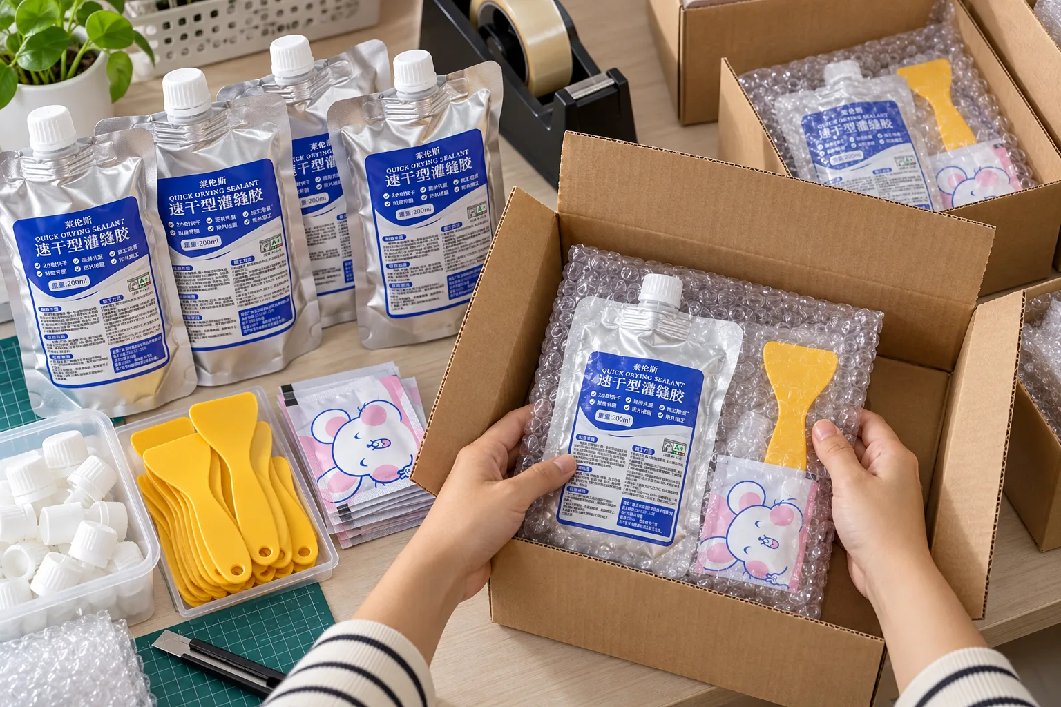 Pouch Lem Beton dan spatula dibungkus sebelum dikirim