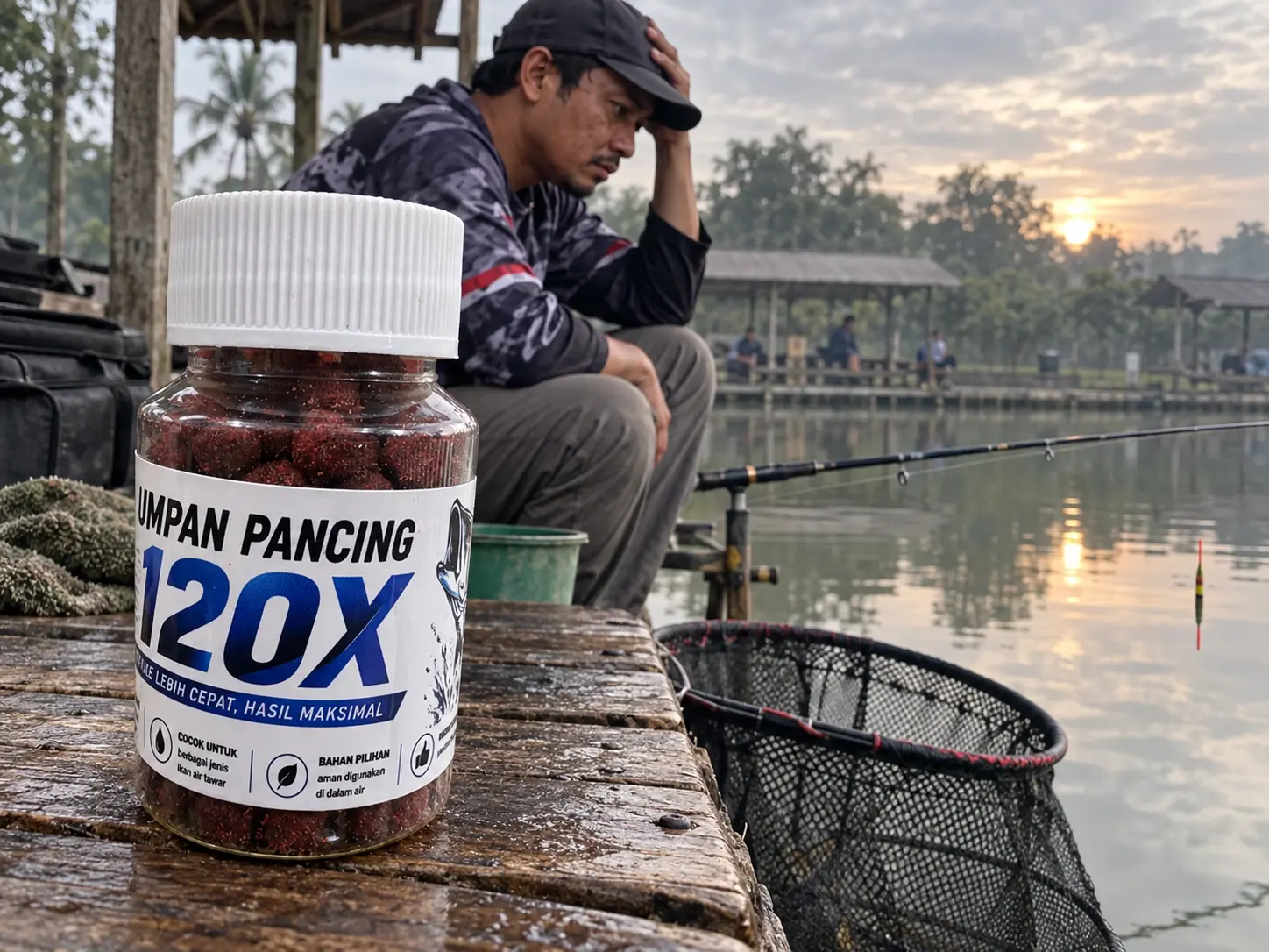 Pemancing menunggu di kolam dengan jaring yang masih kosong dan Umpan Pancing 120X di depan