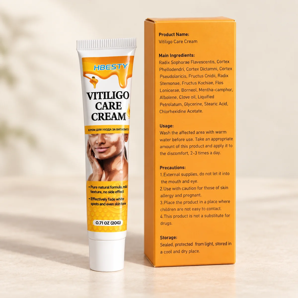 HBESTY Vitiligo Care Cream kemasan box dan tube 20 gram